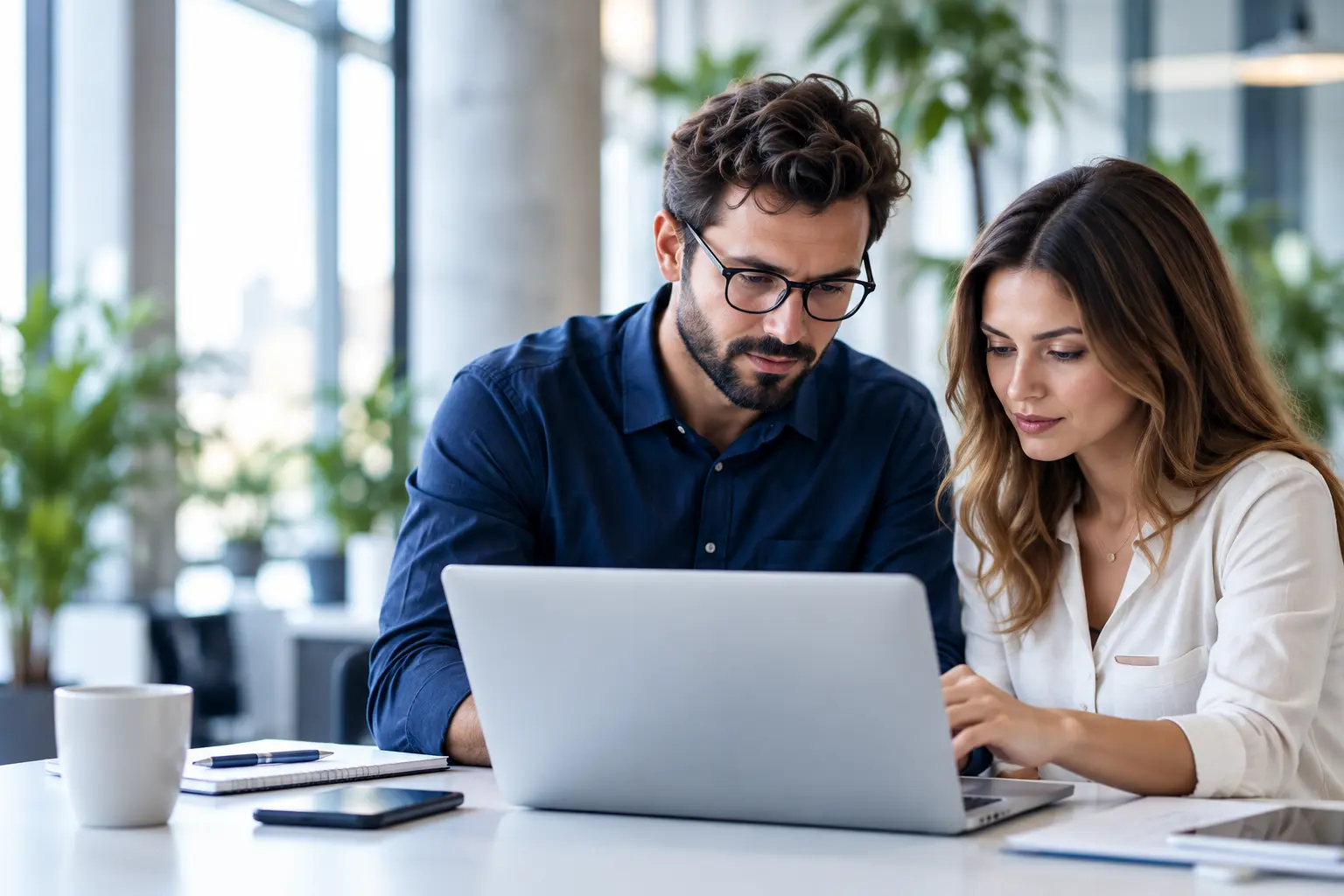 Dois profissionais a colaborar num projeto digital